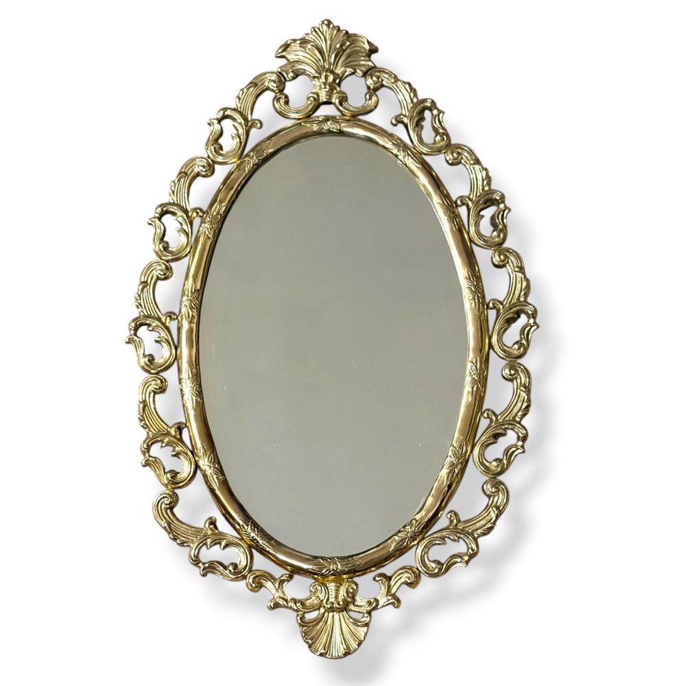 Vintage Solid Brass Baroque Wall Mirror Ornate Heavy Oval Regency Decor MCM‎